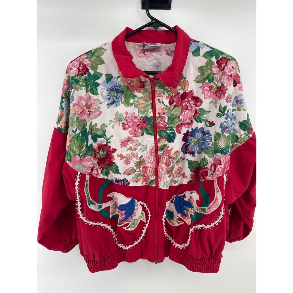 Southern Stitches Vintage Floral Zip Up Jacket Red Women XL Cottagecore USA Made
